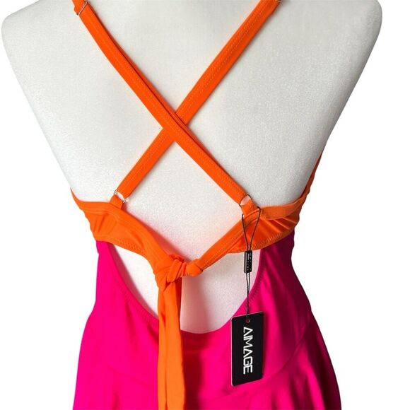 NWT Aimage Swim Dress Sz 2X 2XL Cutout Straps Bright Pink Orange Babydoll - Picture 4 of 9